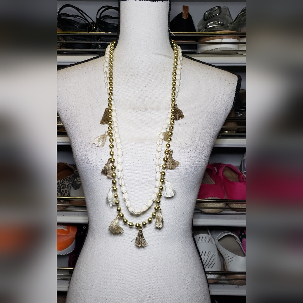 Chicos Long 2 Strand Gold Tone/Cloth Ball And Earth Tone Tassle Necklace